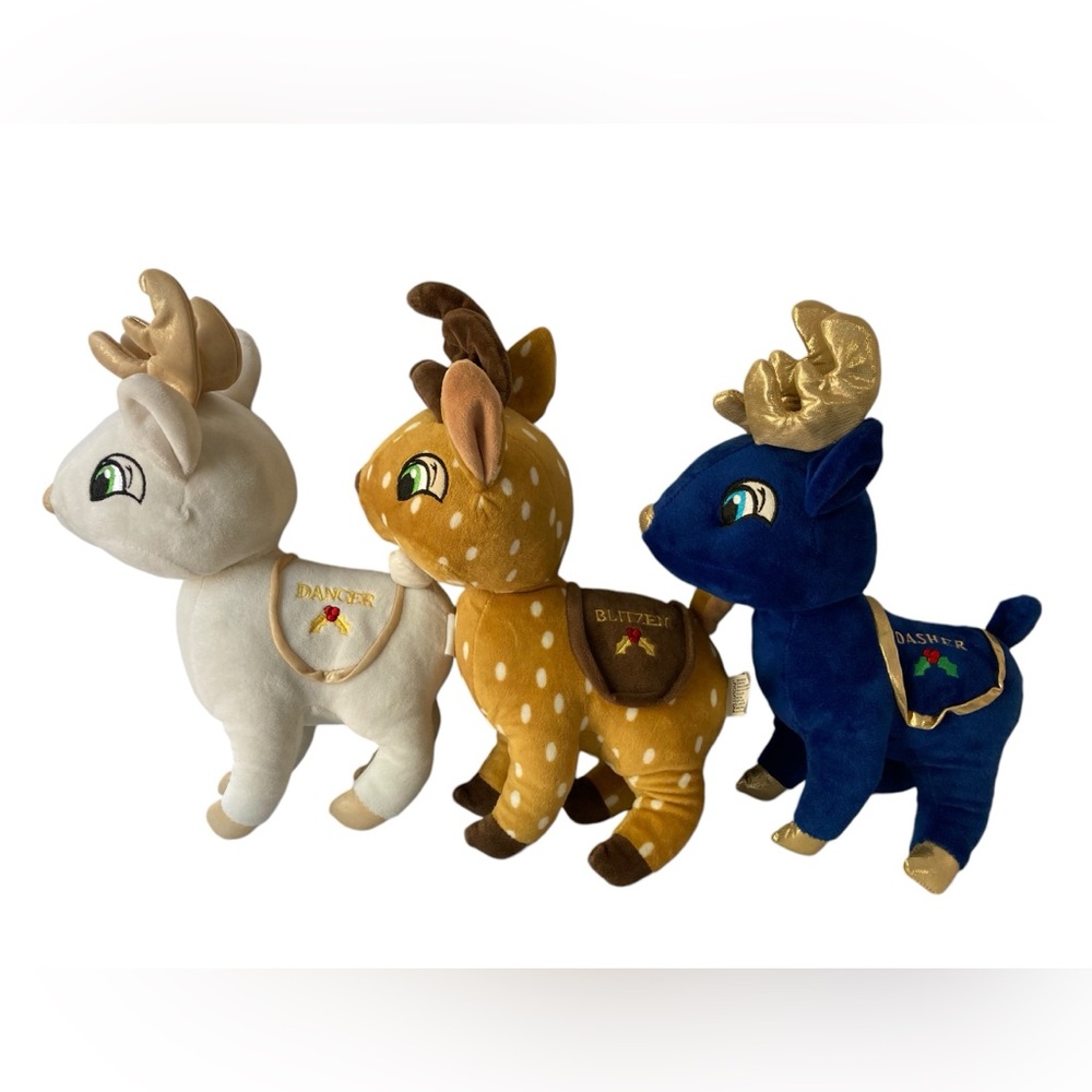 Lot - 3 Kellytoy Reindeer 11" Plush Dancer Blitzen Dasher White Brown Blue
